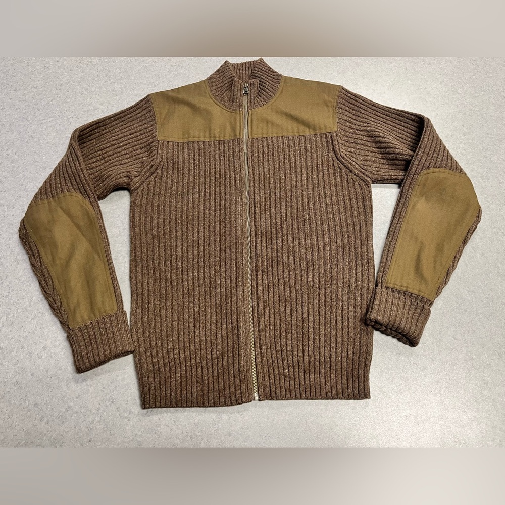 L.L Bean Brown Commando Sweater Full Zip Merino Wool Elbow Patch—Medium